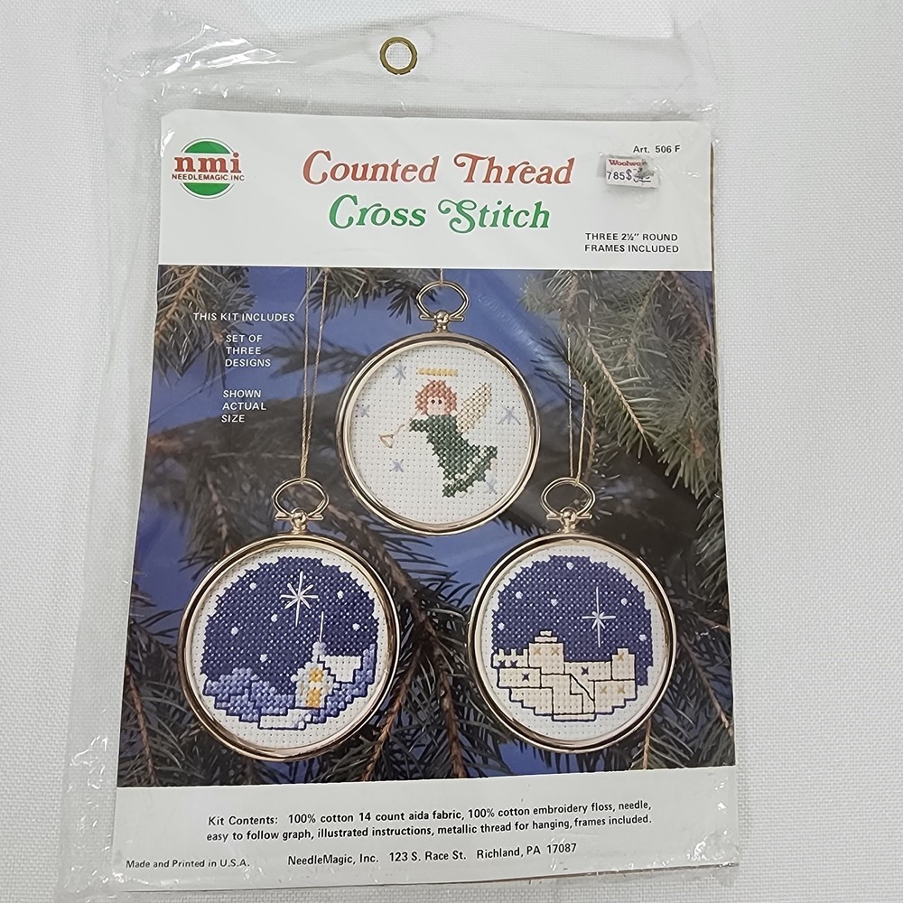 Vintage Needle Magic Set of 3 Cross Stitch Christmas Ornaments Kit Angel Star
